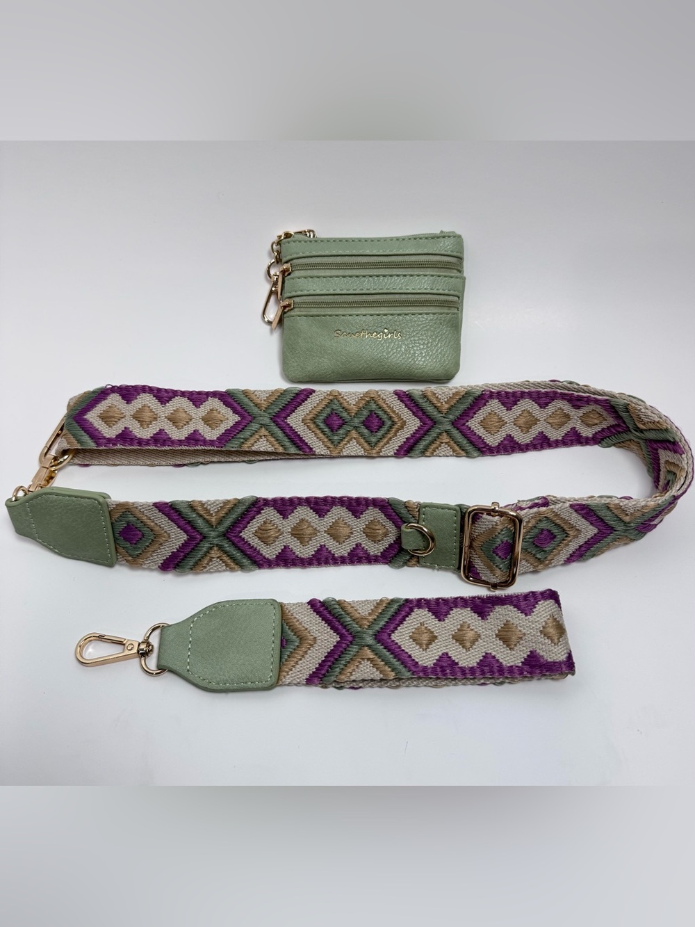 Save The Girls Clip & Go Sage Lilac Phone Strap Triple Zip Pouch NWT